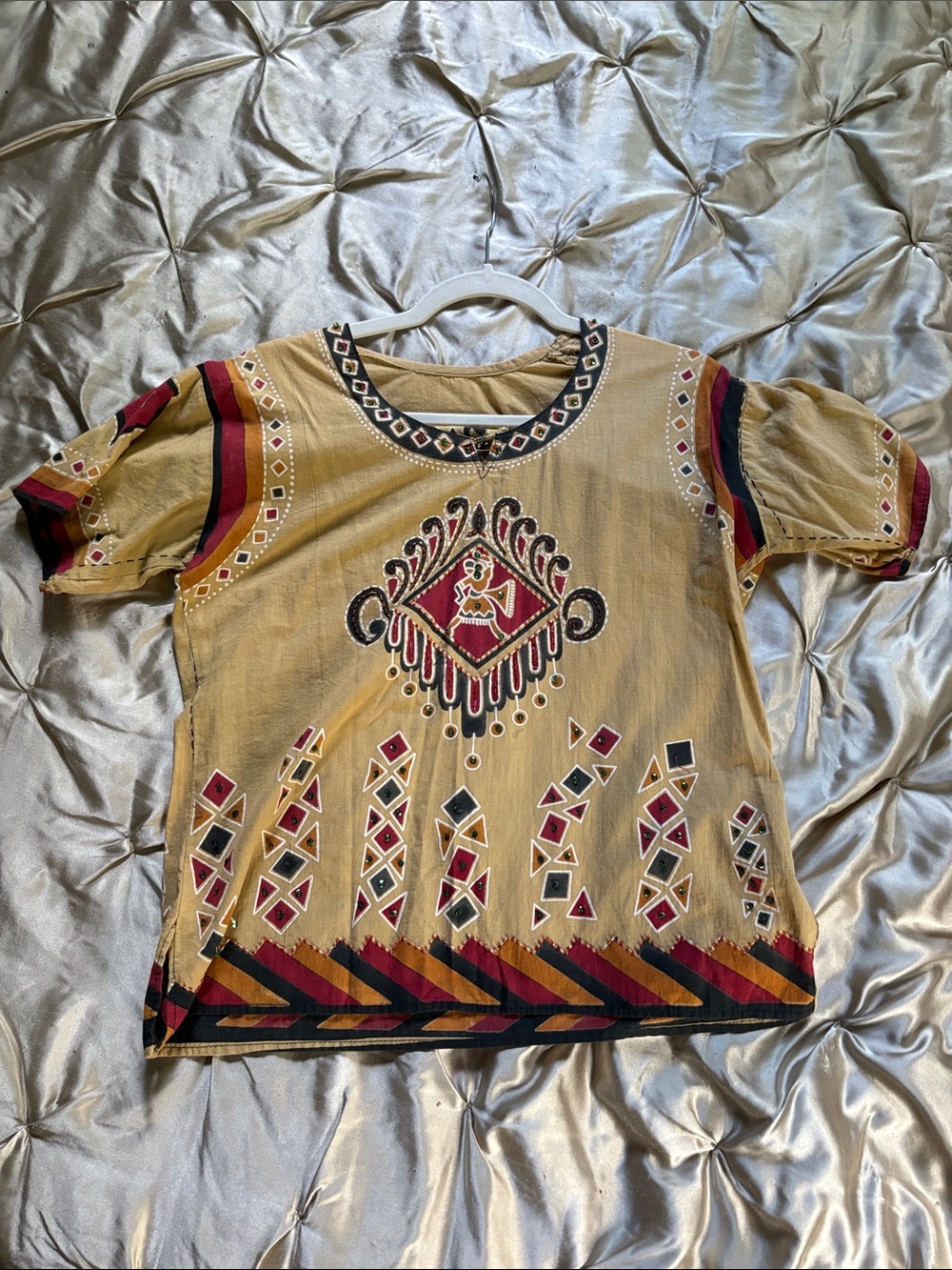 Vintage Boho Embroidered Beige Short-Sleeve Women's Top beaded with bells